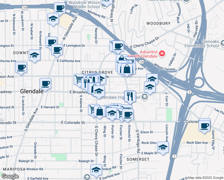 map of restaurants, bars, coffee shops, grocery stores, and more near 1300 East Broadway in Glendale
