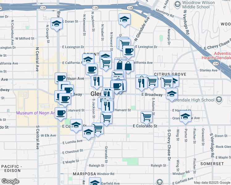 map of restaurants, bars, coffee shops, grocery stores, and more near 100 Franklin Court in Glendale