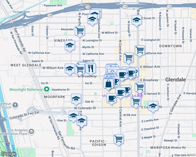 map of restaurants, bars, coffee shops, grocery stores, and more near 405 Ivy Street in Glendale