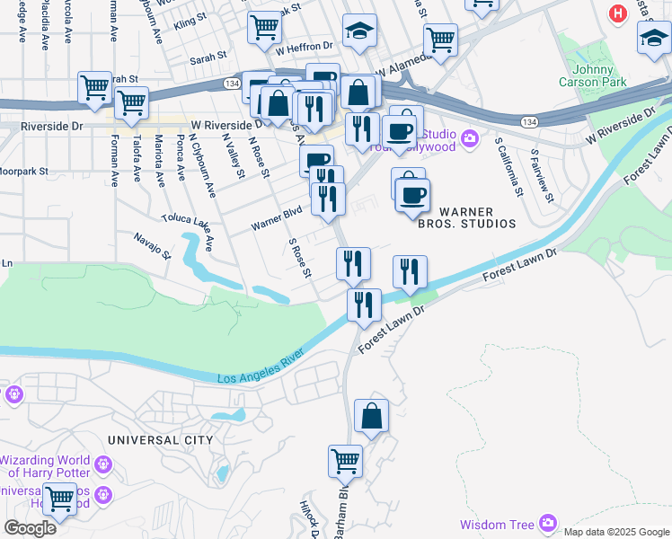 map of restaurants, bars, coffee shops, grocery stores, and more near in Burbank