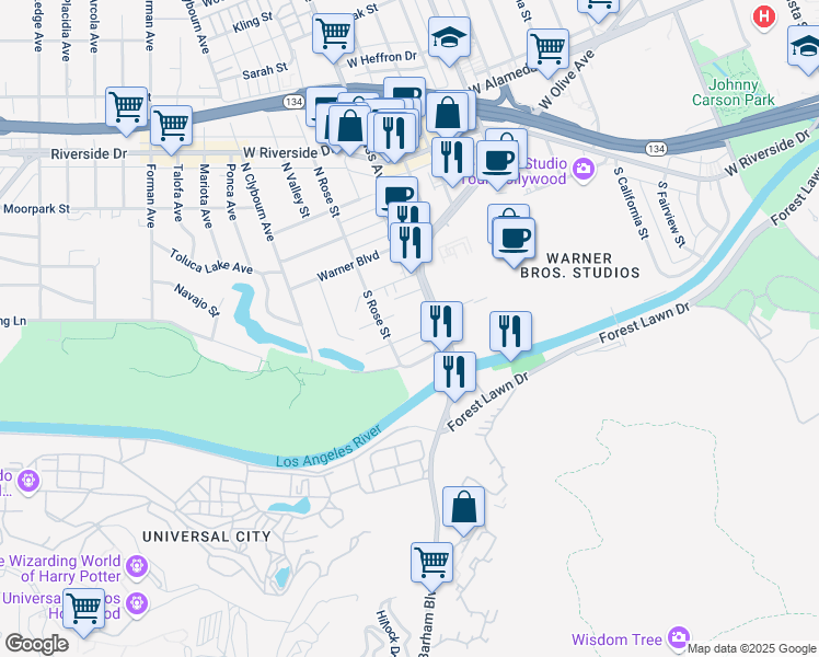 map of restaurants, bars, coffee shops, grocery stores, and more near 4125 West Hood Avenue in Burbank