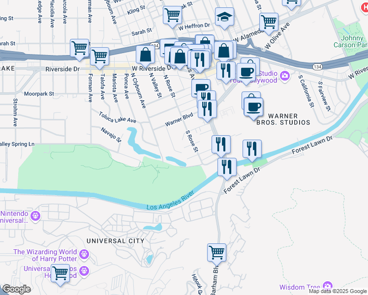 map of restaurants, bars, coffee shops, grocery stores, and more near 4211 West Hood Avenue in Burbank