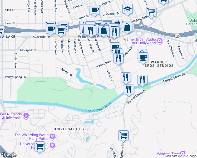 map of restaurants, bars, coffee shops, grocery stores, and more near 225 South Valley Street in Burbank
