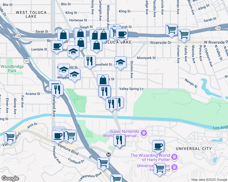 map of restaurants, bars, coffee shops, grocery stores, and more near 4205 Cahuenga Boulevard in Los Angeles