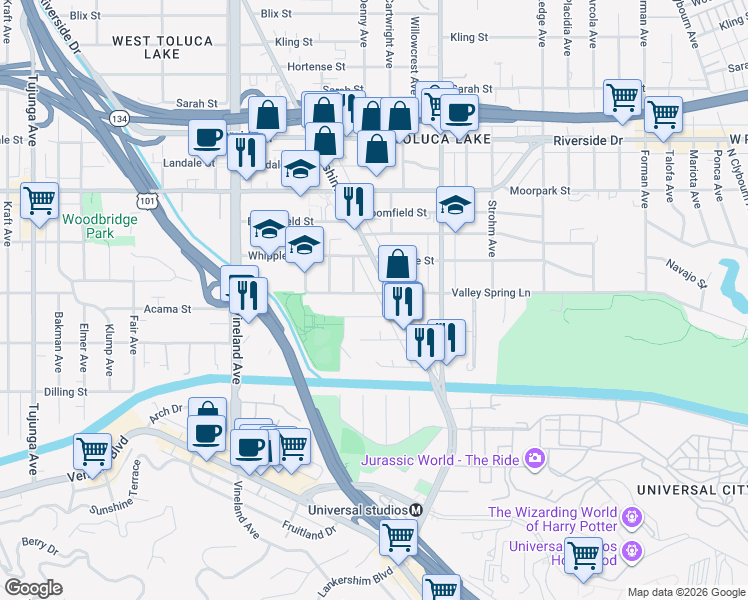map of restaurants, bars, coffee shops, grocery stores, and more near 10749 Acama Street in Los Angeles