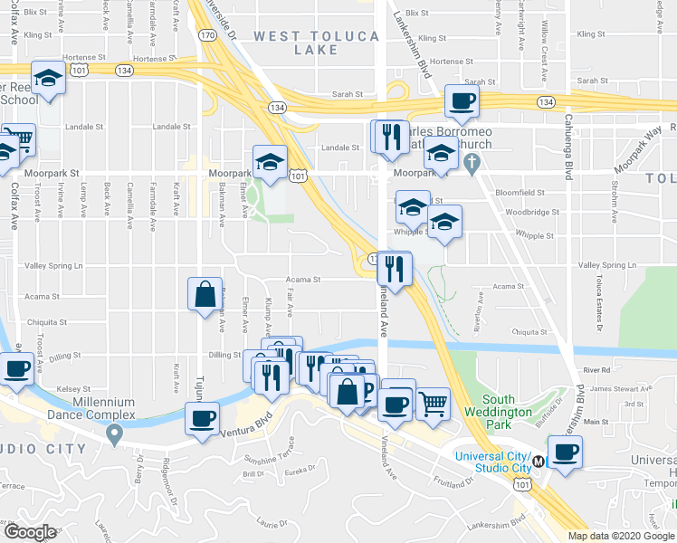 map of restaurants, bars, coffee shops, grocery stores, and more near 11120 Acama Street in Los Angeles