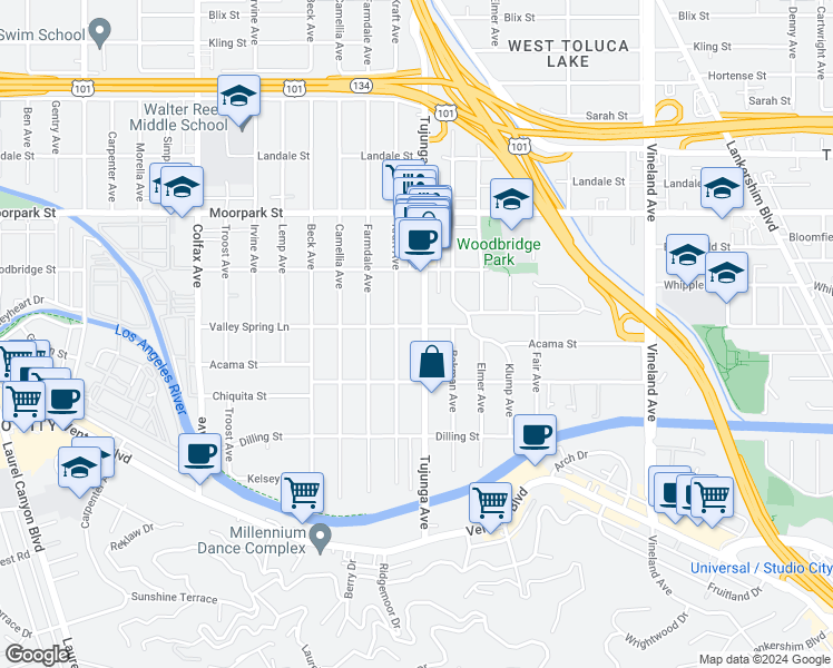 map of restaurants, bars, coffee shops, grocery stores, and more near 4234 Kraft Avenue in Los Angeles