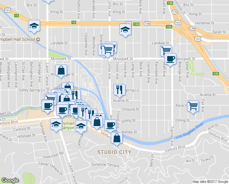 map of restaurants, bars, coffee shops, grocery stores, and more near 4220 Colfax Avenue in Los Angeles