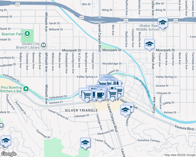 map of restaurants, bars, coffee shops, grocery stores, and more near 12127 Valleyheart Drive in Los Angeles