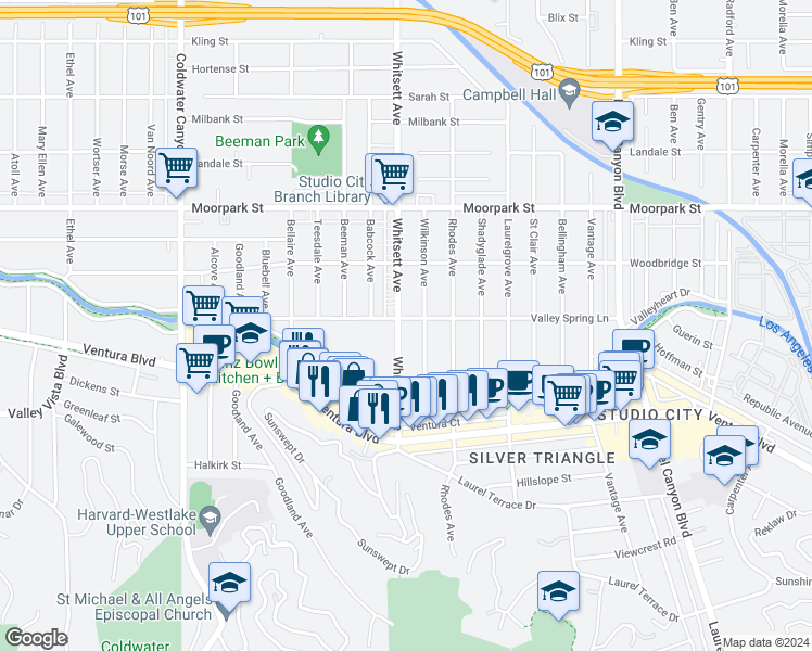 map of restaurants, bars, coffee shops, grocery stores, and more near 4141 Whitsett Avenue in Los Angeles