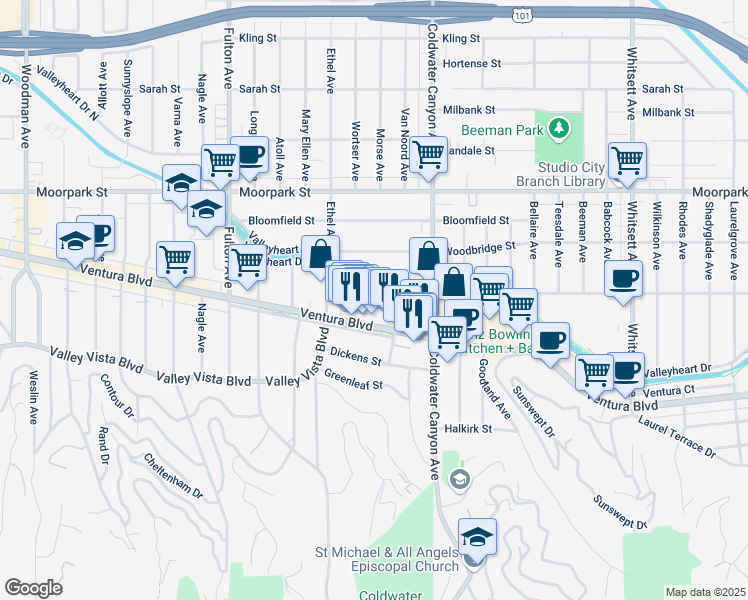 map of restaurants, bars, coffee shops, grocery stores, and more near 12963 Ventura Boulevard in Los Angeles