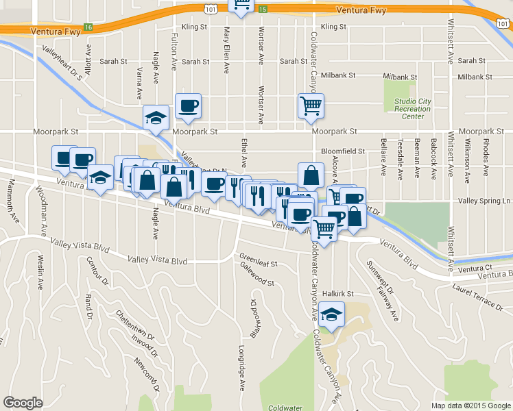 map of restaurants, bars, coffee shops, grocery stores, and more near 13043 Ventura Boulevard in Los Angeles