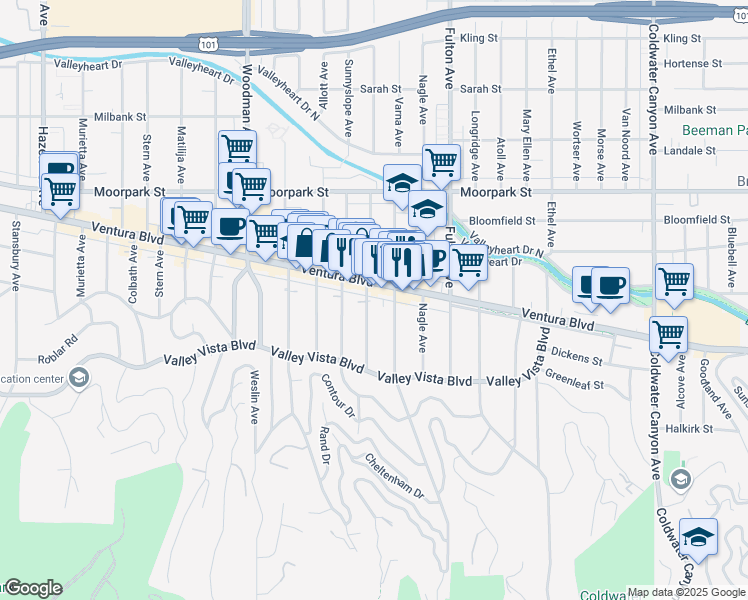map of restaurants, bars, coffee shops, grocery stores, and more near 4169 Greenbush Avenue in Los Angeles