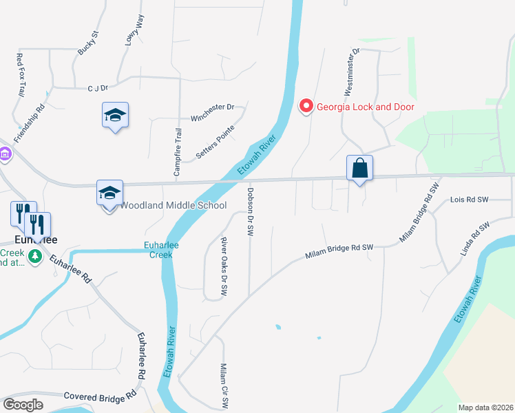 map of restaurants, bars, coffee shops, grocery stores, and more near 35 Dobson Drive Southwest in Cartersville
