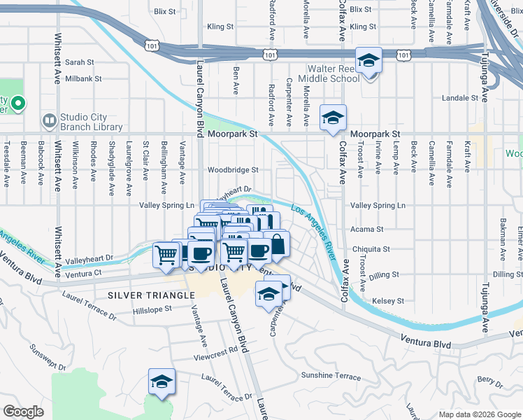 map of restaurants, bars, coffee shops, grocery stores, and more near 12012 Valleyheart Drive in Los Angeles