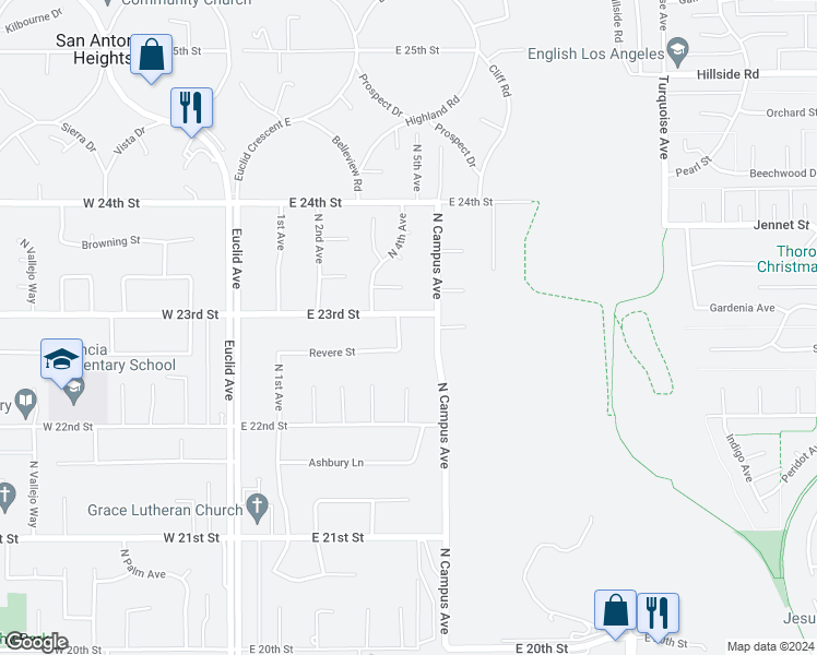 map of restaurants, bars, coffee shops, grocery stores, and more near 2286 North 4th Avenue in Upland