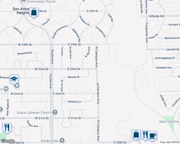 map of restaurants, bars, coffee shops, grocery stores, and more near 2286 North 4th Avenue in Upland