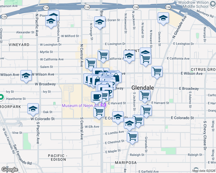 map of restaurants, bars, coffee shops, grocery stores, and more near 107 South Maryland Avenue in Glendale