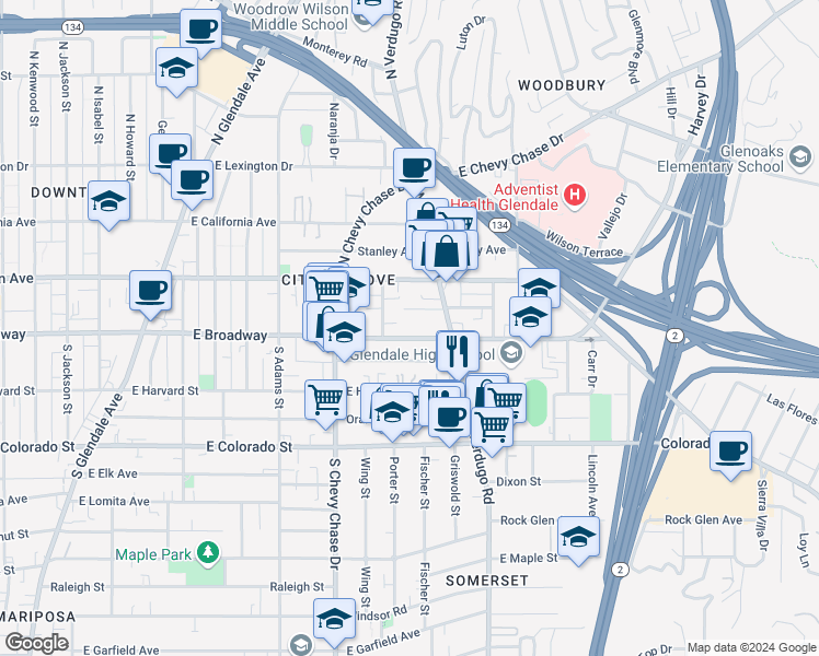 map of restaurants, bars, coffee shops, grocery stores, and more near 1323 East Broadway in Glendale