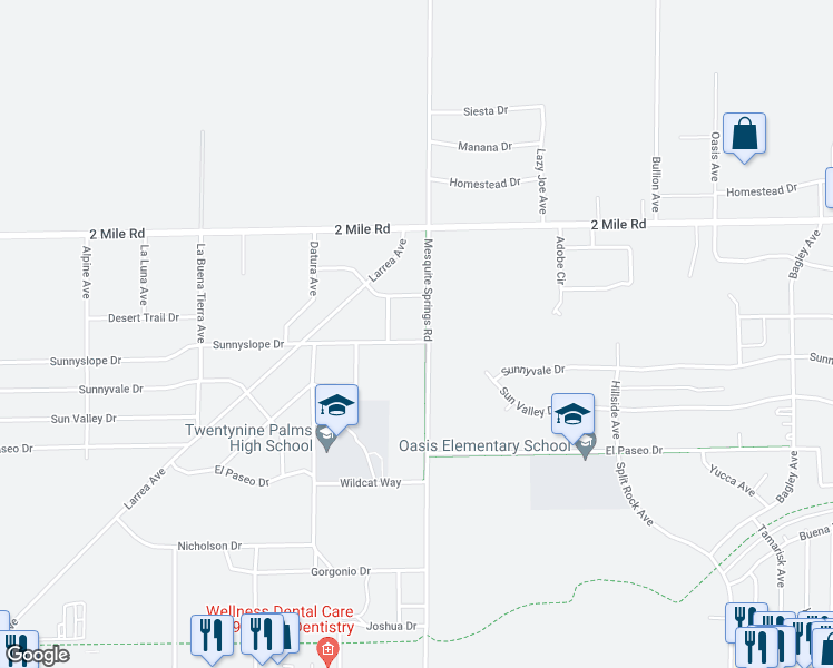 map of restaurants, bars, coffee shops, grocery stores, and more near 72878 Sunnyslope Drive in Twentynine Palms