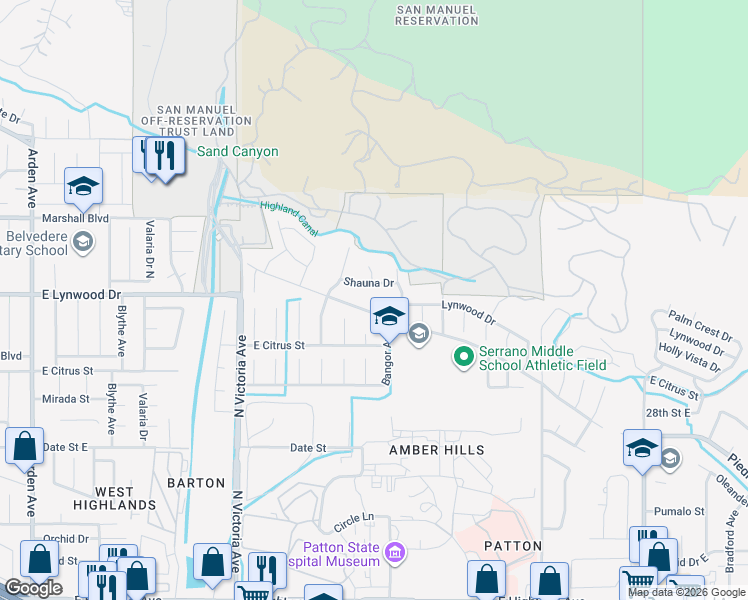 map of restaurants, bars, coffee shops, grocery stores, and more near 3072 Lynwood Drive in Highland