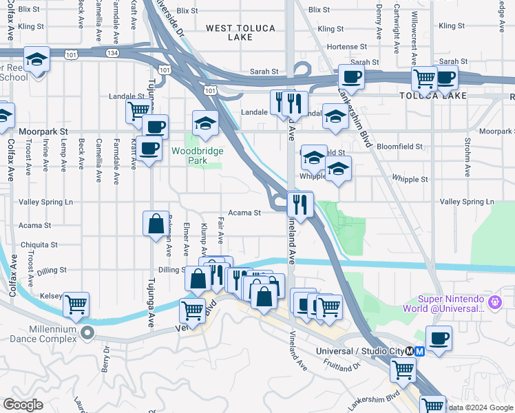 map of restaurants, bars, coffee shops, grocery stores, and more near 11115 Acama Street in Los Angeles
