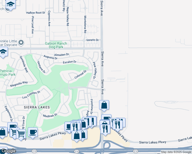 map of restaurants, bars, coffee shops, grocery stores, and more near 5917 Pine Valley Drive in Fontana