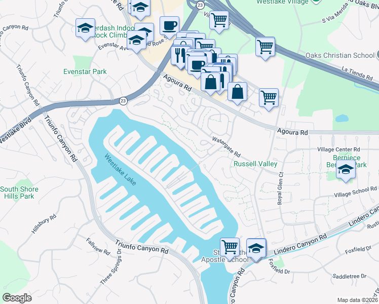 map of restaurants, bars, coffee shops, grocery stores, and more near 2772 Lakeridge Lane in Westlake Village