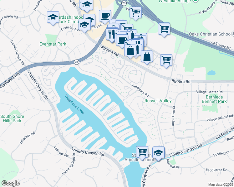 map of restaurants, bars, coffee shops, grocery stores, and more near 2772 Lakeridge Lane in Westlake Village