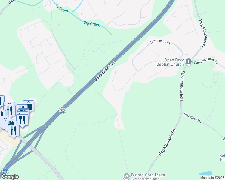 map of restaurants, bars, coffee shops, grocery stores, and more near 6325 Wilmington Way in Flowery Branch
