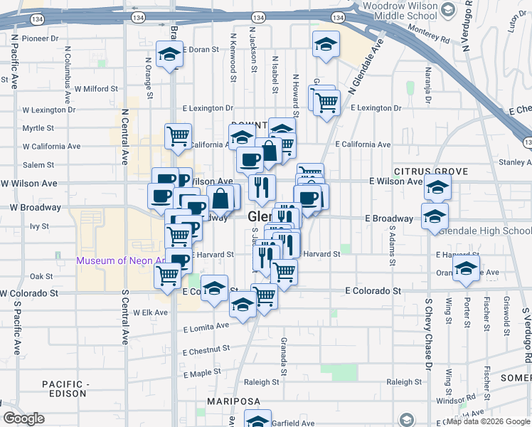 map of restaurants, bars, coffee shops, grocery stores, and more near in Glendale
