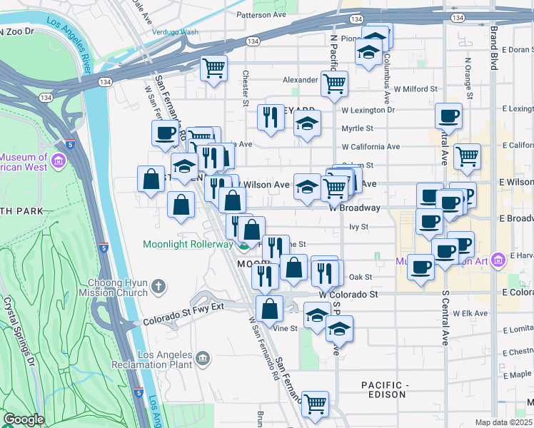 map of restaurants, bars, coffee shops, grocery stores, and more near 655 Ivy Street in Glendale