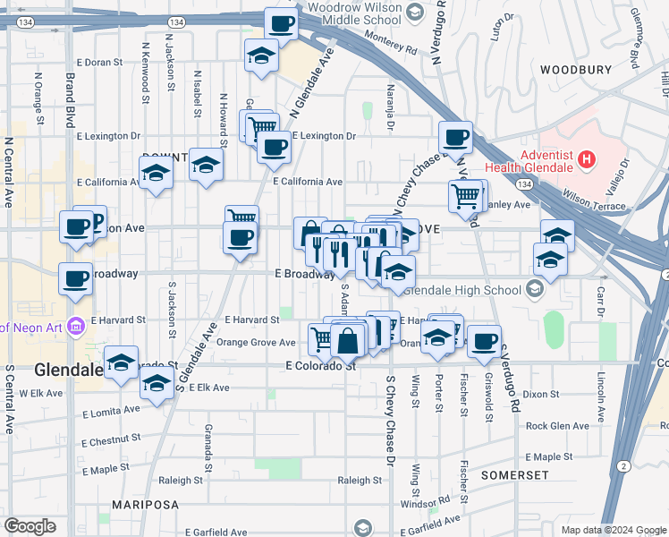 map of restaurants, bars, coffee shops, grocery stores, and more near 1017 East Broadway in Glendale