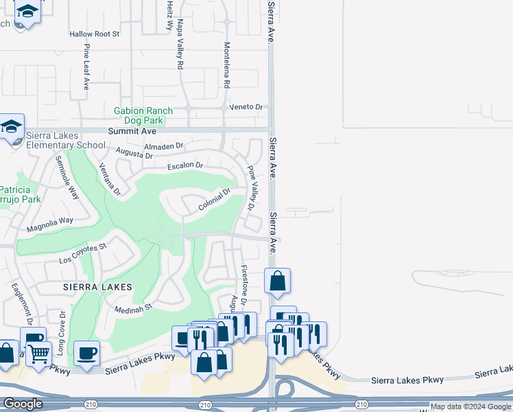 map of restaurants, bars, coffee shops, grocery stores, and more near 5917 Pine Valley Drive in Fontana