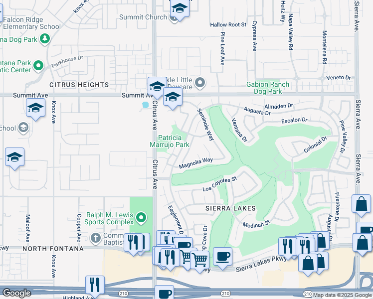 map of restaurants, bars, coffee shops, grocery stores, and more near 5916 Wilshire Drive in Fontana