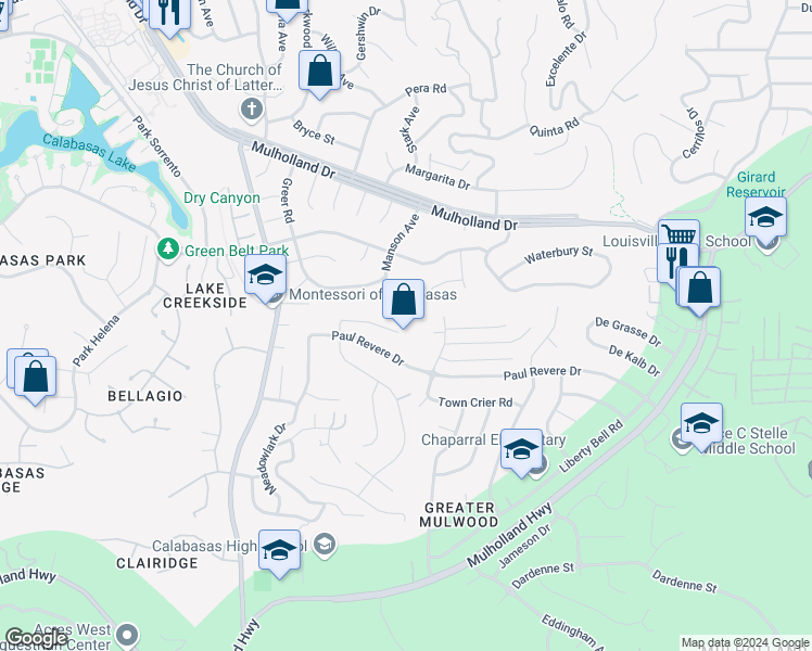 map of restaurants, bars, coffee shops, grocery stores, and more near 22905 De Kalb Drive in Calabasas