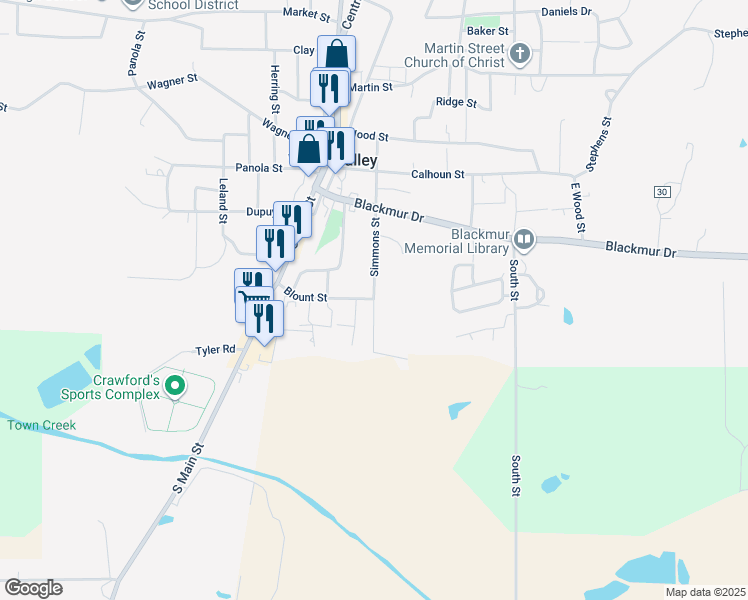map of restaurants, bars, coffee shops, grocery stores, and more near 102 Simmons Street in Water Valley