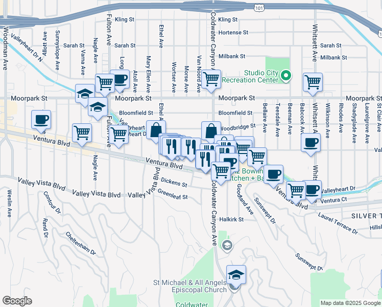 map of restaurants, bars, coffee shops, grocery stores, and more near 12958 Valleyheart Drive in Los Angeles