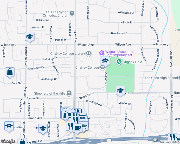 map of restaurants, bars, coffee shops, grocery stores, and more near Myrtle Drive in Rancho Cucamonga