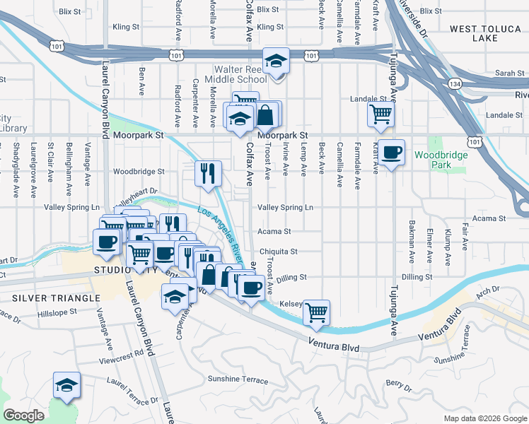 map of restaurants, bars, coffee shops, grocery stores, and more near 11636 Valley Spring Lane in Los Angeles