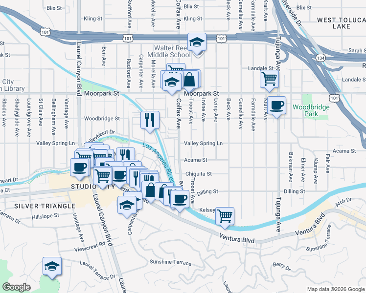 map of restaurants, bars, coffee shops, grocery stores, and more near 4230 Colfax Avenue in Los Angeles