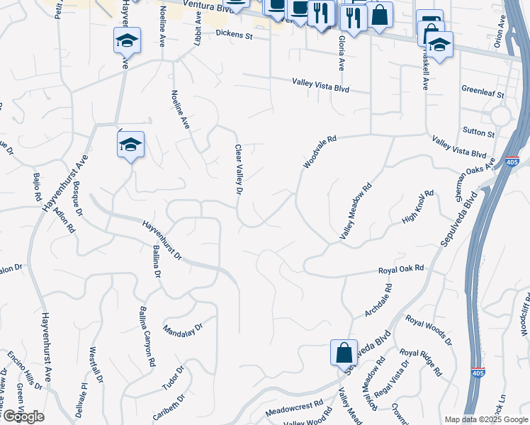 map of restaurants, bars, coffee shops, grocery stores, and more near 16101 Royal Mount Drive in Los Angeles