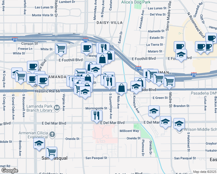 map of restaurants, bars, coffee shops, grocery stores, and more near 2893 East Colorado Boulevard in Pasadena