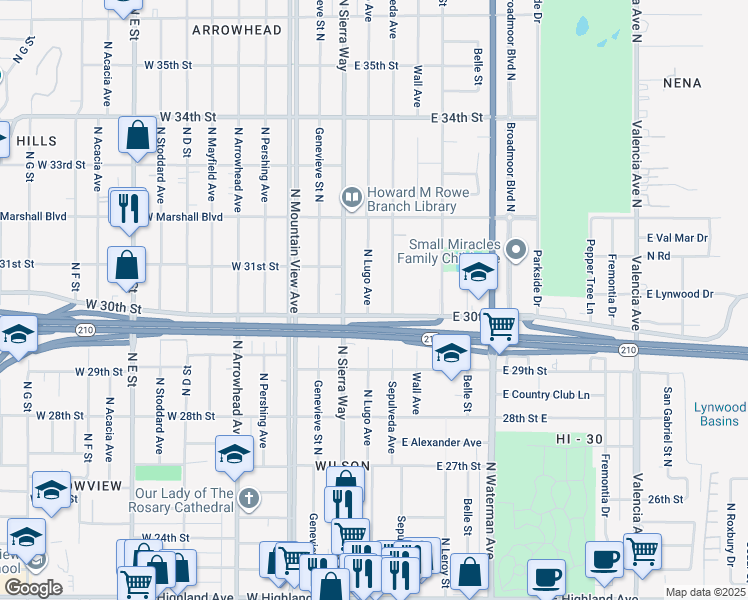 map of restaurants, bars, coffee shops, grocery stores, and more near 3027 North Lugo Avenue in San Bernardino