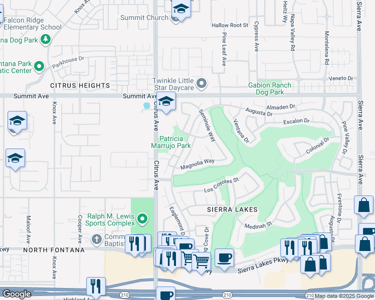 map of restaurants, bars, coffee shops, grocery stores, and more near 5952 Wilshire Drive in Fontana