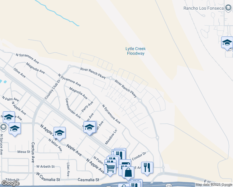 map of restaurants, bars, coffee shops, grocery stores, and more near 2518 Gunner Ridge Way in Rialto