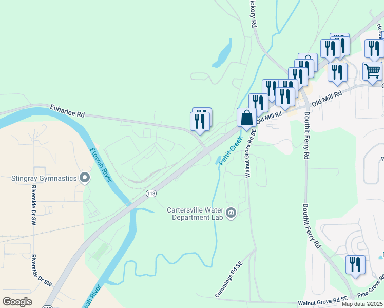 map of restaurants, bars, coffee shops, grocery stores, and more near 1403 West Avenue in Cartersville