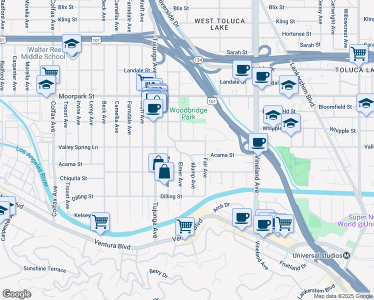 map of restaurants, bars, coffee shops, grocery stores, and more near 11247 Acama Street in Los Angeles