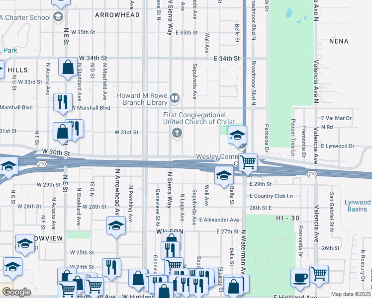 map of restaurants, bars, coffee shops, grocery stores, and more near 3027 North Lugo Avenue in San Bernardino