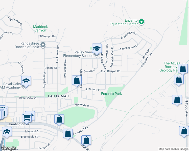 map of restaurants, bars, coffee shops, grocery stores, and more near 3073 Fish Canyon Road in Duarte